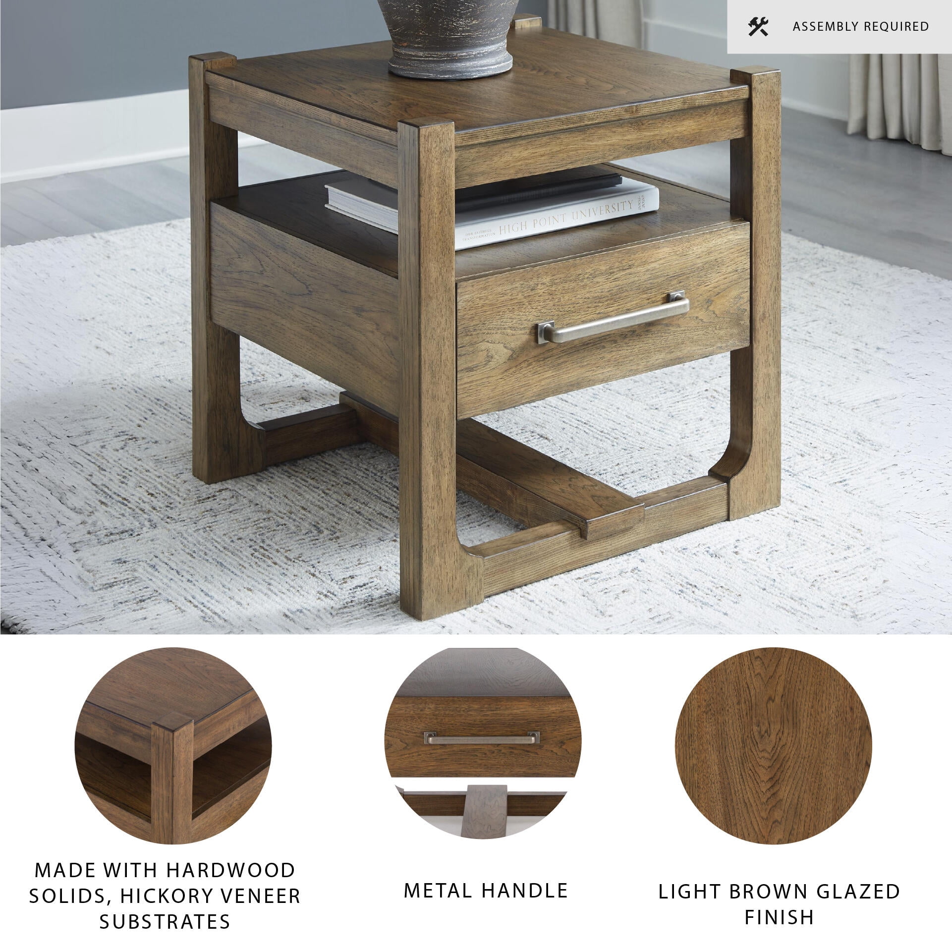 Signature Design by Ashley Cabalynn Square End Table, Light Brown, Farmhouse Accent Table with Drawer and Open Shelf