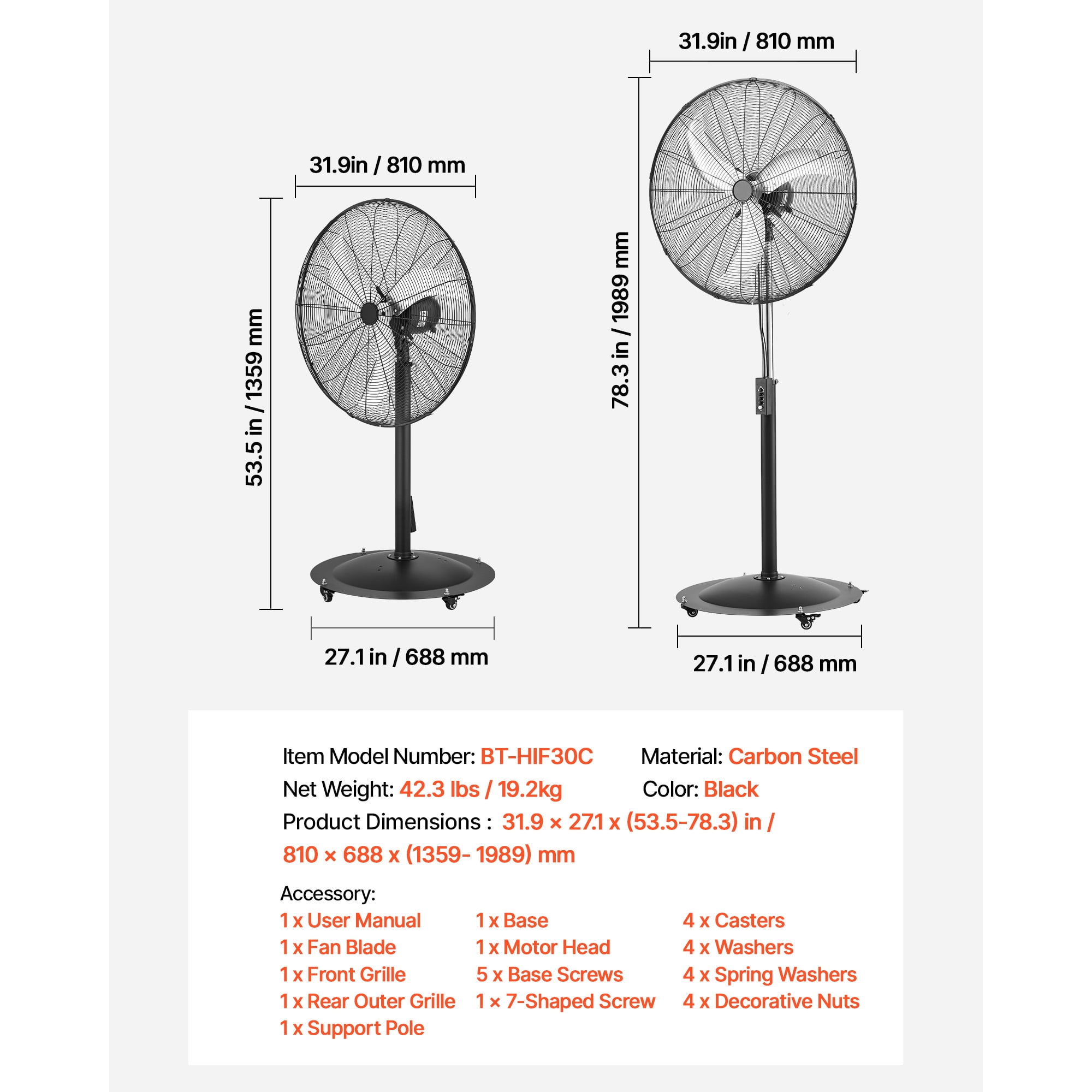 KFFKFF 30-Inch High Velocity Pedestal Fan, 9100 CFM Industrial Floor Fan with 85° Oscillation, Adjustable 3-Speed Settings and Height, IP44 Waterproof, Durable Carbon Steel Construction Black