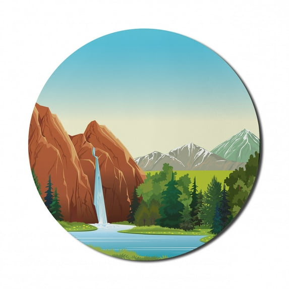Nature Mouse Pad for Computers, Summer Landscape Image with Waterfall at the Mountain near Green Forest Scenery, Round Non-Slip Thick Rubber Modern Gaming Mousepad, 8" Round, Multicolor, by Ambesonne
