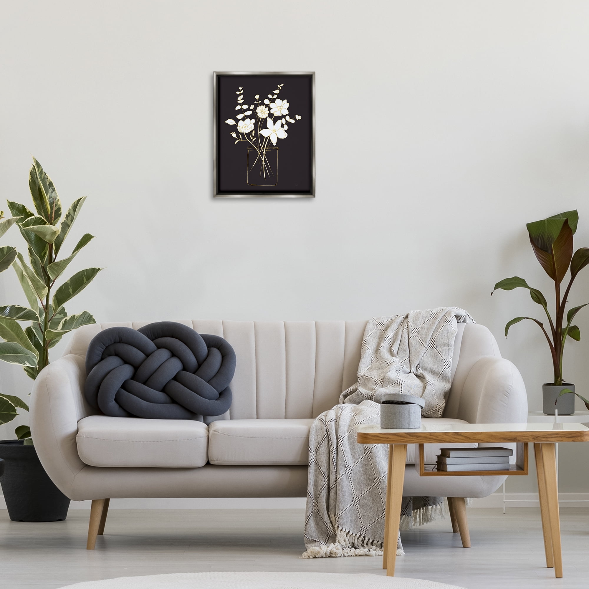 Stupell Industries Classy White Flowers Botanical & Floral Painting Gray Floater Framed Art Print Wall Art, 17 x 21