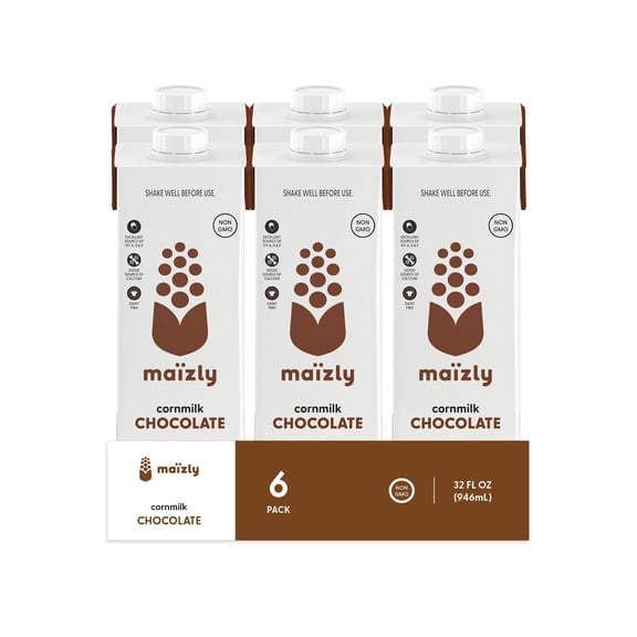 Maizly Chocolate Corn Milk, 32 fl oz (pack of 6) – Non-GMO Plant-Based Milk Alternative, Smooth Cocoa Flavor, Source of Vitamins A, D & E, Calcium