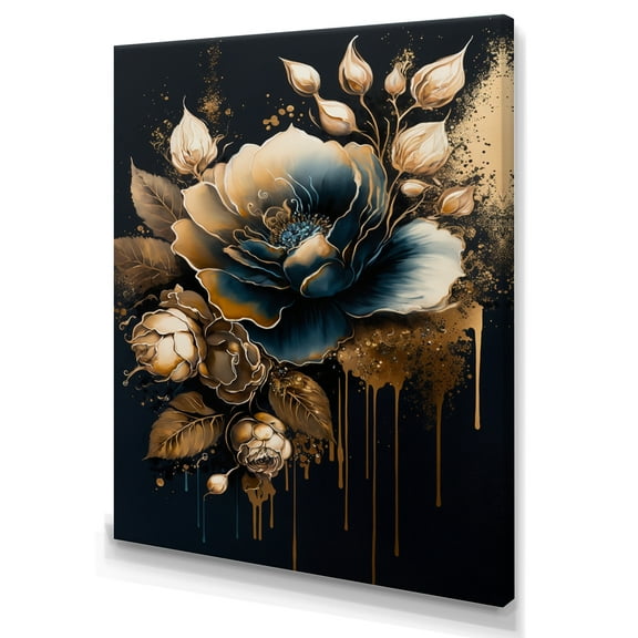 Designart Navy Blue And Gold Rose II Canvas Wall Art