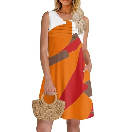 GXIPO Pleated Front Casual Summer Dresses for Women Sleeveless Plus Size Sun Dresses Beach Dresses Vacation Swimsuit Coverup Tank Dress Boho Resort Wear Orange S
