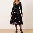 thumbnail image 2 of Valentine's Day Dresses for Women Long Sleev Vintage Love Heart Print V-Neck A-Line Cocktail Party Dress with Belt Pink XL, 2 of 5