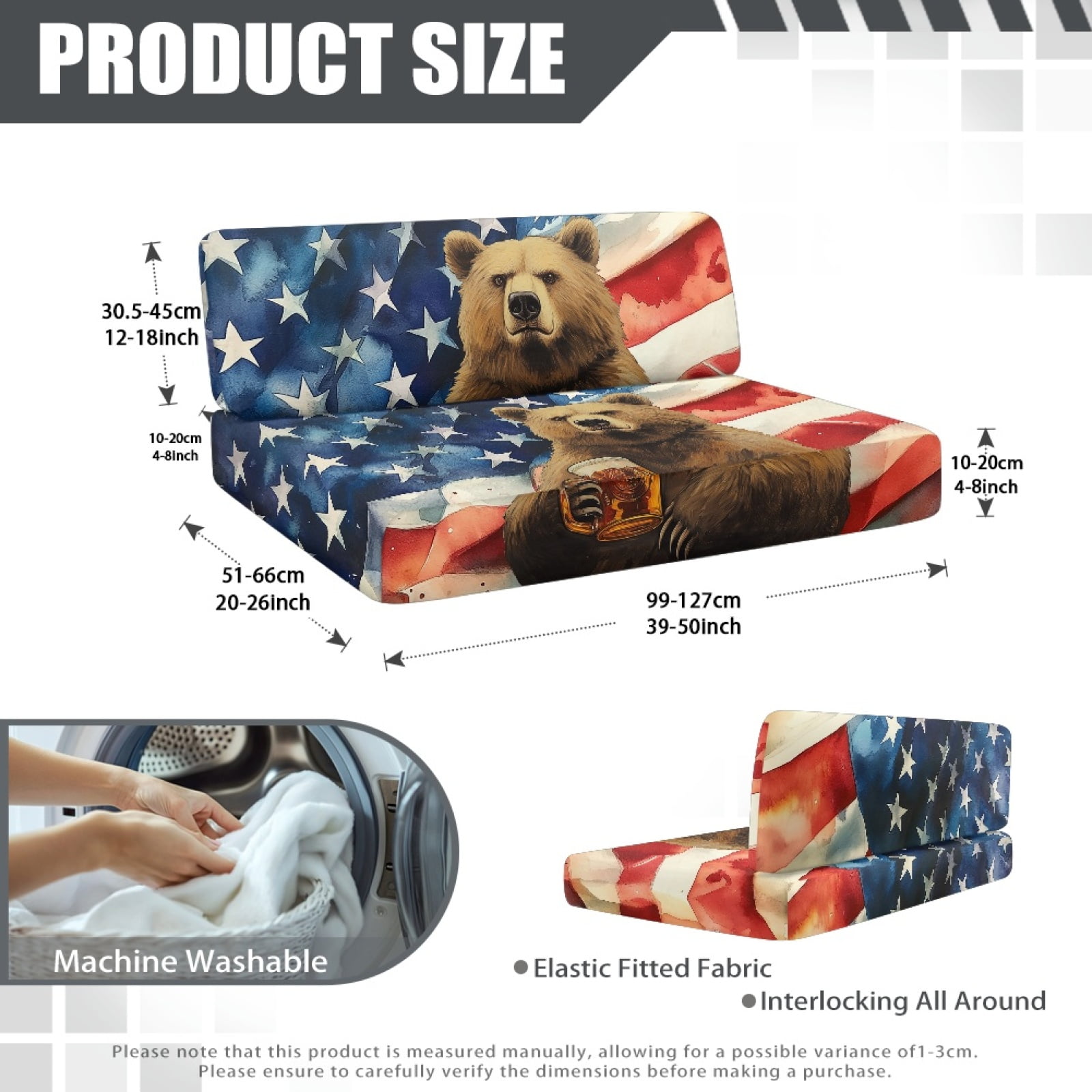 FOR U DESIGNS Bear Beer American Flag Pattern 2 Pcs RV Dinette Cushion Covers Anti-Slip Camper Cushion Slipcover Waterproof RV Couch Cover Sofa Slipover for Travel Trailer Couch