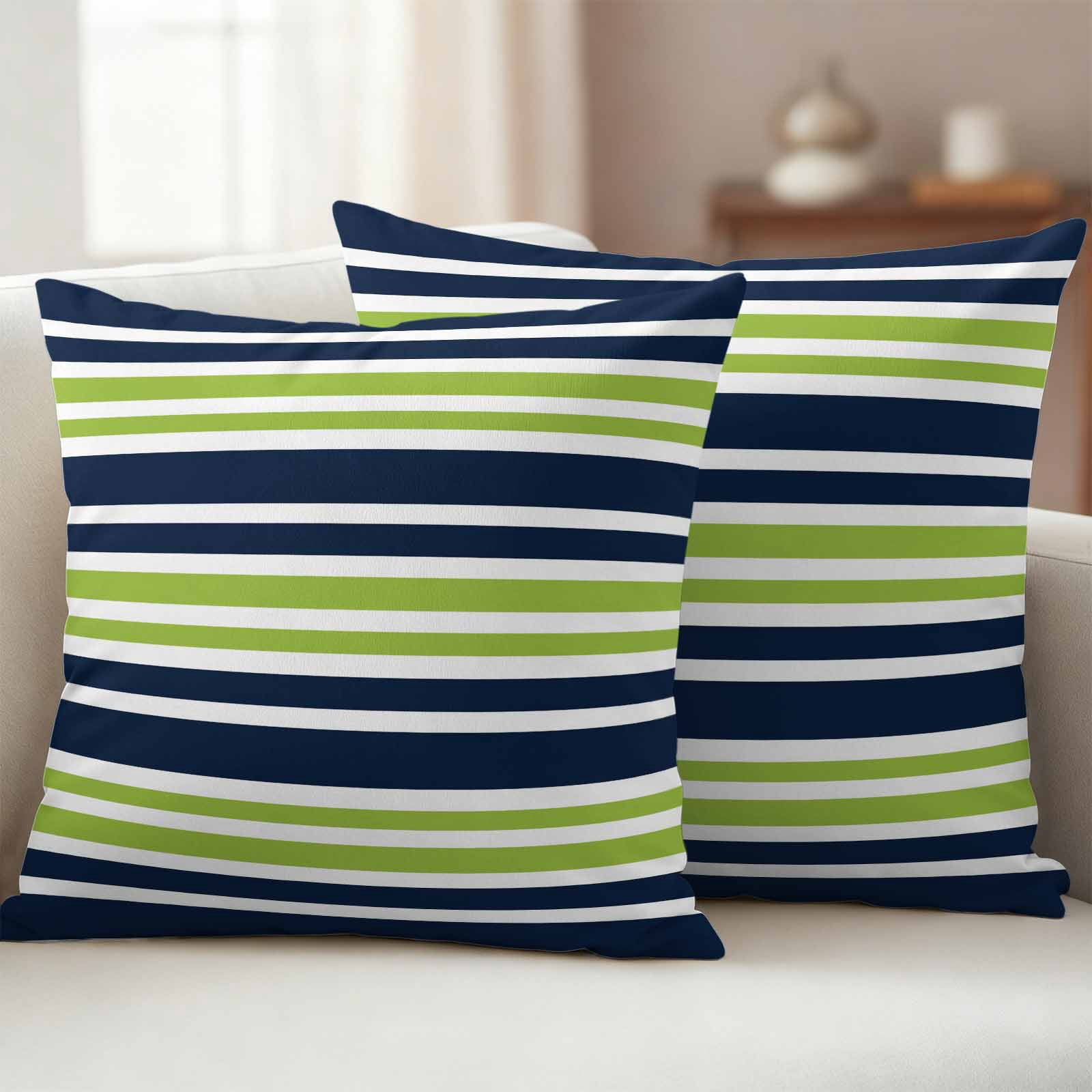 Outdoor Waterproof Pillow Covers Navy Blue Green Stripe Decorative Throw Pillow Protectors,Pillowcase Cushion Cases for Patio Sofa Garden Couch,18x18in,Pack of 2