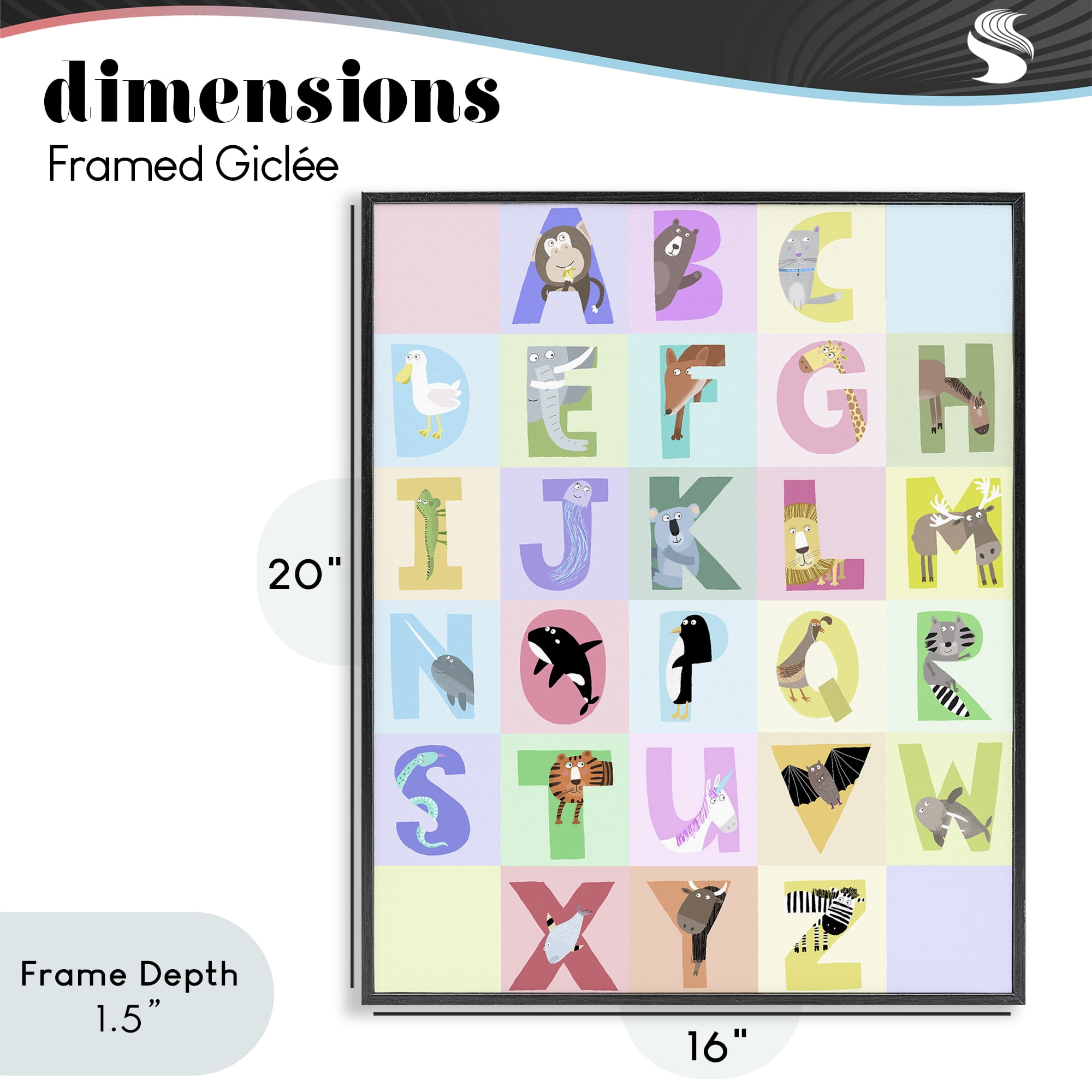 Stupell Industries Animal Alphabet in Pastels Black Framed Giclee Art, design by Carla Daly