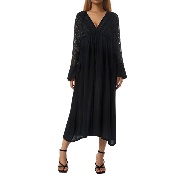 VISgogo Vestido tipo pareo para mujer, manga larga, cuello en V, patchwork, cordón, embarazo, verano, playa, vestido VISgogo moda