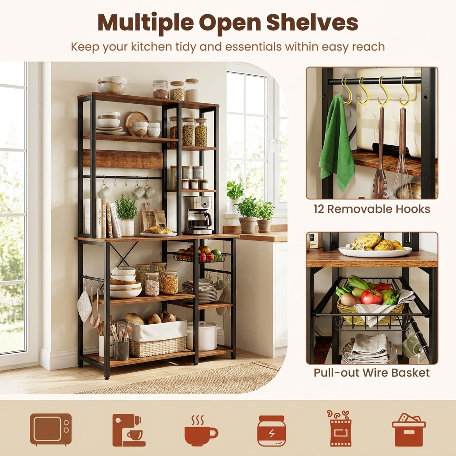 RUIE 6-Tier Baker's Rack with Power Outlet, Kitchen Coffee Bar Storage Stand with Wooden Open Shelves, 12 S-Hooks and Basket, Rustic Brown & Black