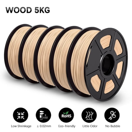 5000g 3D Printer Filament Bundle, SUNLU PLA Filament 1.75mm, Neatly Wound Filament 5kg, 1000g Spool, 5 Pack, Wood