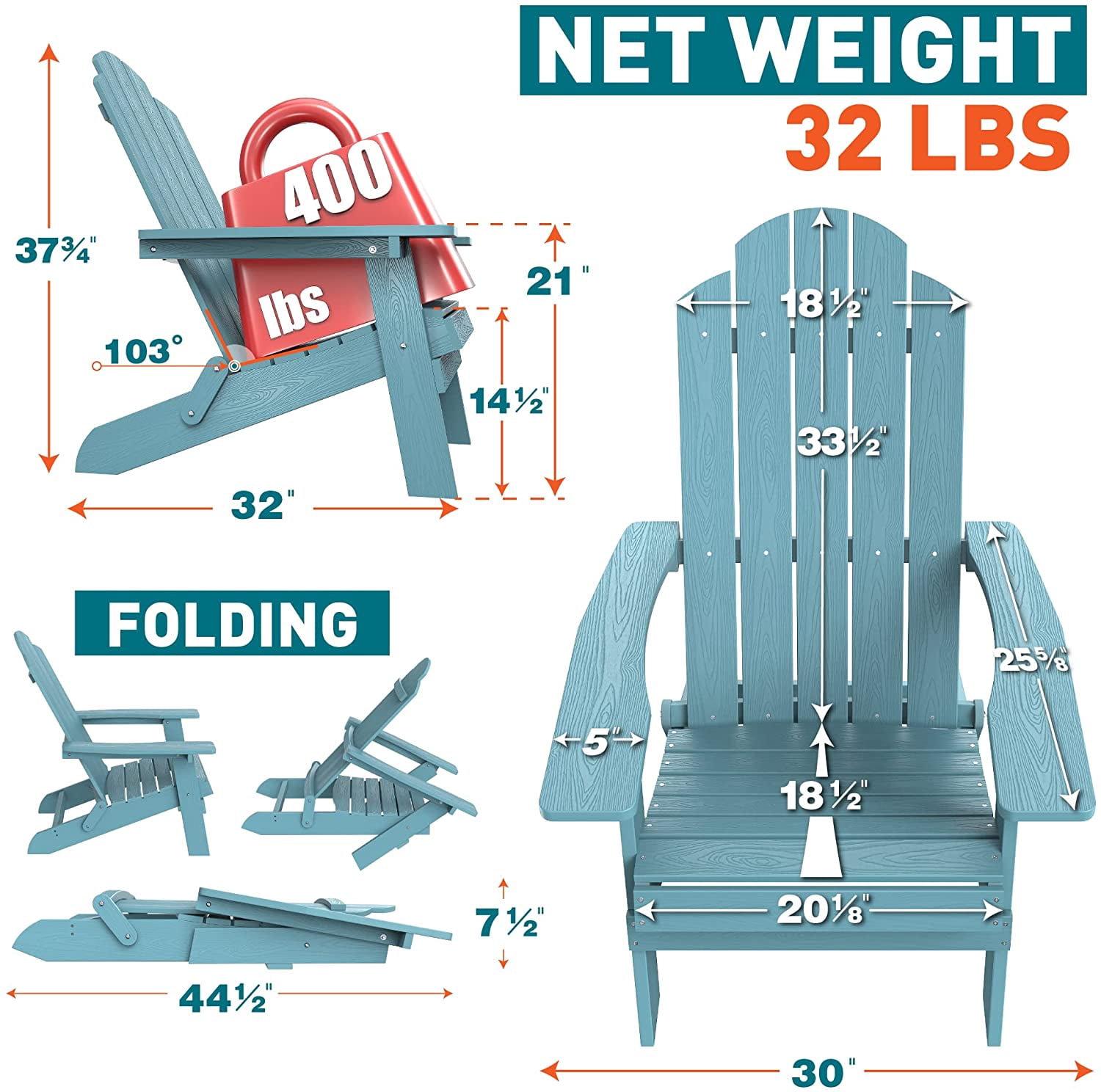 ZEKOO Folding Adirondack Chair Plastic Outdoor Patio Lawn Chair Blue