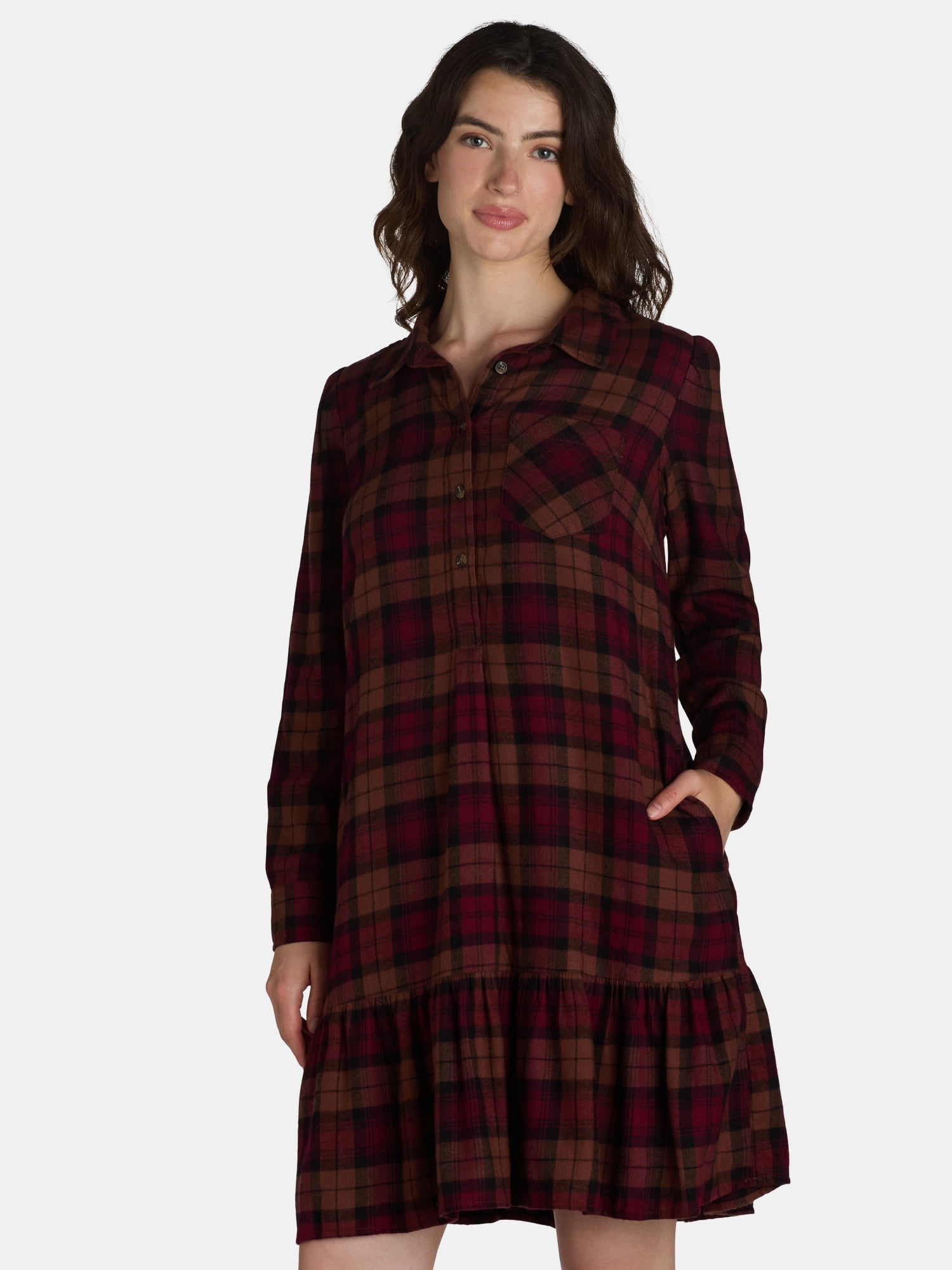 Time and Tru Women's Plaid Mini Dress with Long-Sleeves, Sizes XS-XXXL