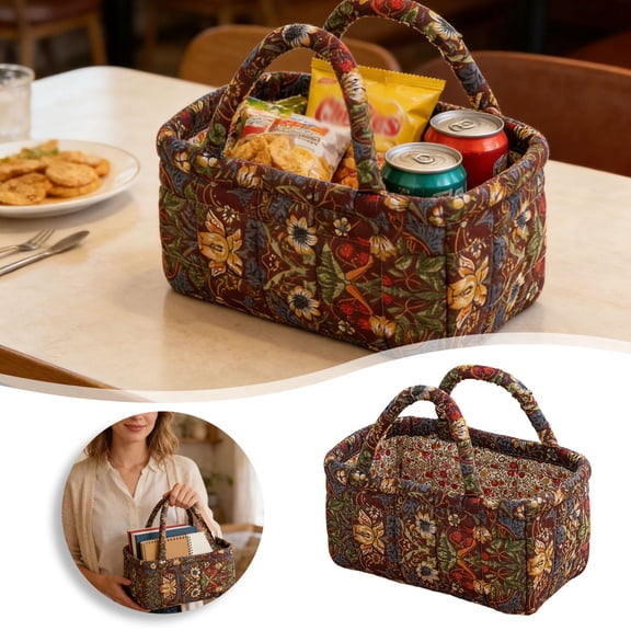Small Storage Basket Organizer, Mini Fabric Floral Storage Baskets with Handle, Quilted Portable Collapsible Storage