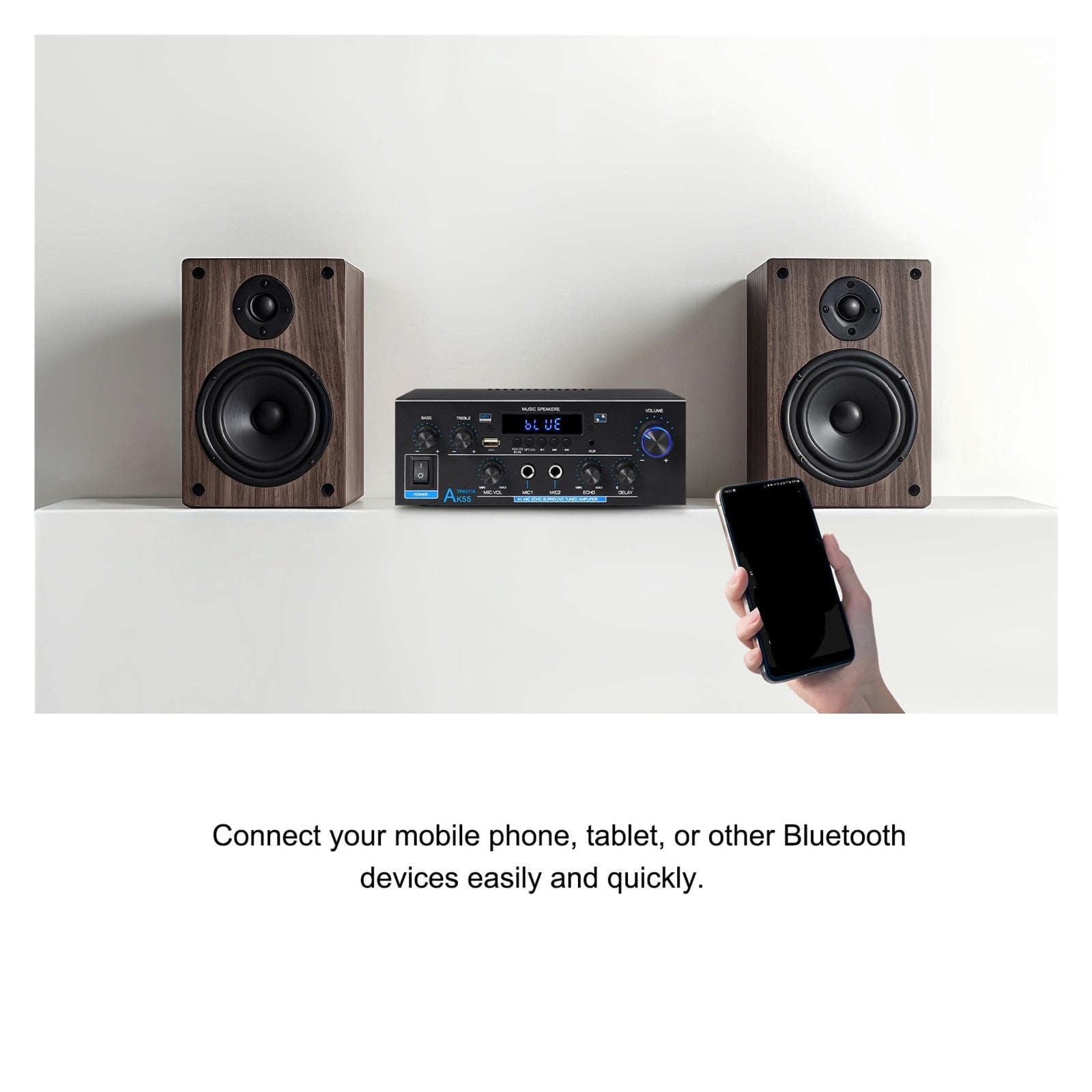 Digital Amplifier AK55 Bass Power Bluetooth Home Amplifier Hifi FM Auto Music Subwoofer Speakers ,Bass & Treble Control