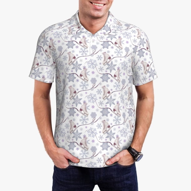 Fotbe Elegant ice skates snowflakes Camiseta Polo de Golf para Hombre con Estampado – Camisa Deportiva Transpirable con Cuello Abotonado-Small