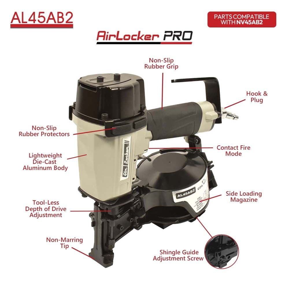 Air Locker AL45AB2K 1-3/4 Inch Coil Roofing Nailer, Hook & 1/4 Inch x 50 FT Polyurethane Hose Kit