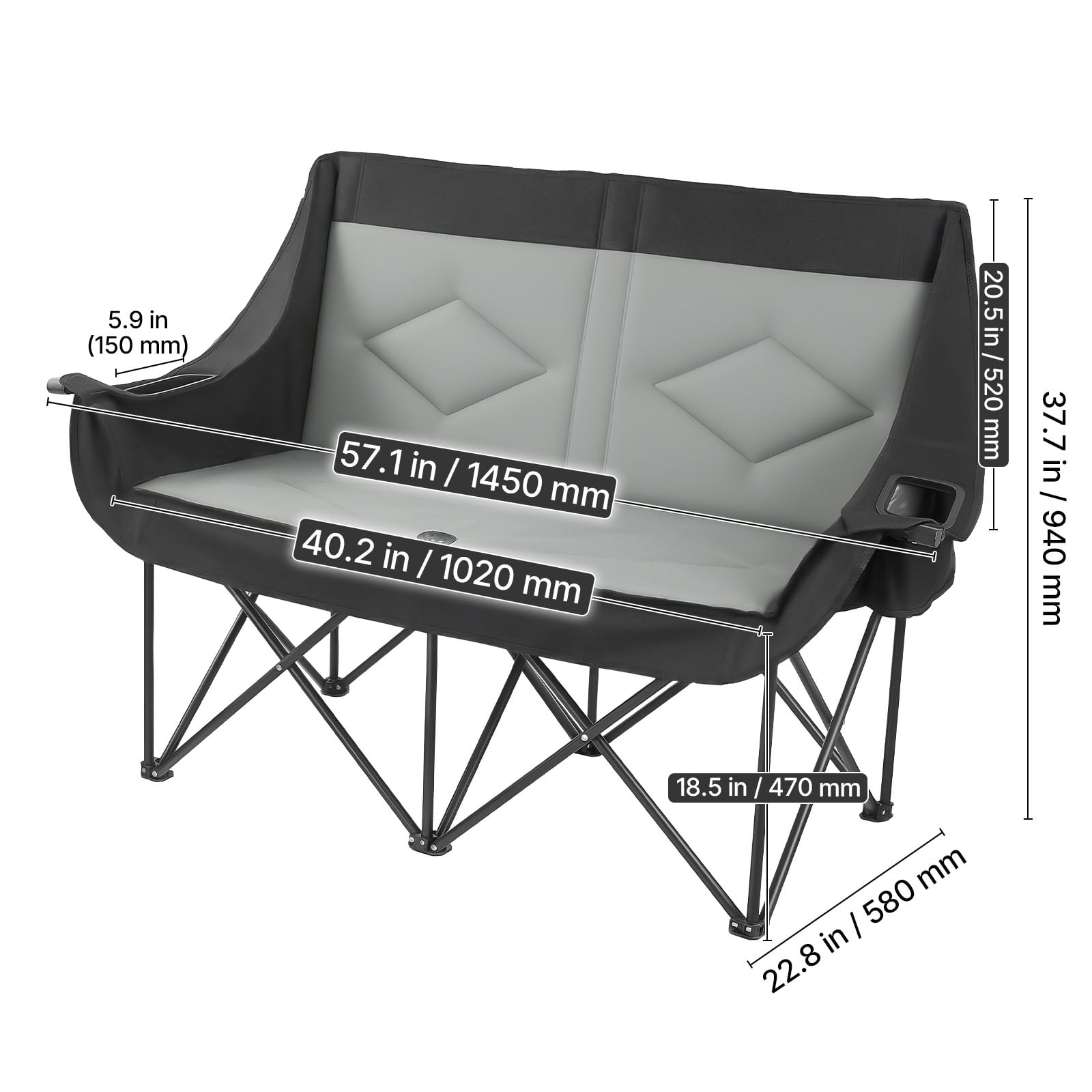 KFFKFF Double Camping Chair for Two, Sturdy Design with 660 lbs Weight Capacity, Includes Cup Holders, Wine Glass Slots, Magazine Straps, and Carry Bag for Outdoor Activities, Beach Use, Single Pack