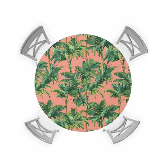 nqOlkjepod Palm Tree Tropical Round Tablecloth, Fitted Table Cover with Elastic for 36"-44" Round Tables, Pink Summer Botanical Leaves Table Cloth Outdoor Indoor Dinning Party Waterproof Tablecloths