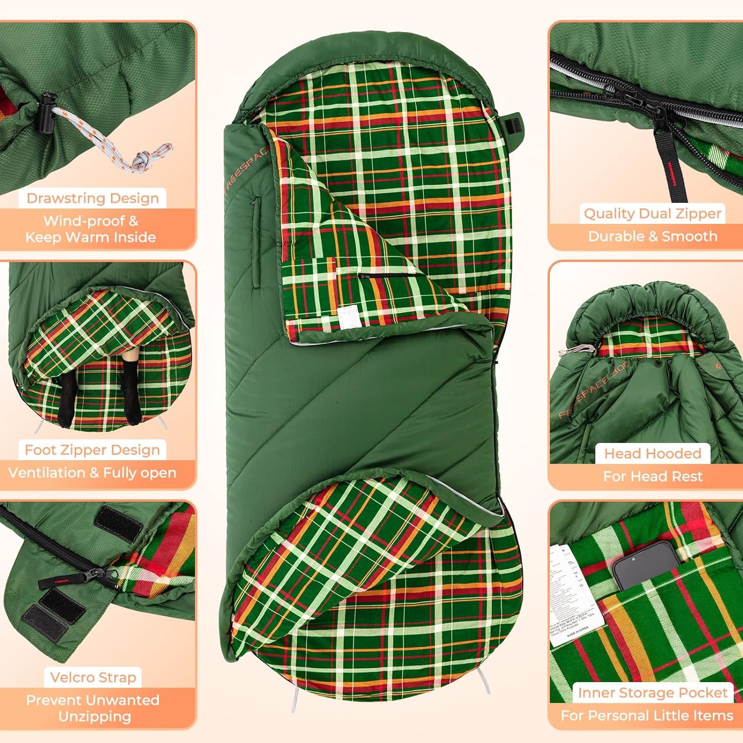 KingCamp Flannel Adults Sleeping Bag with Armhole, Oversized Camping Sleeping Bag , Wearable  Single Sleeping Bags with Cotton Flannel Lining , 9°F-44°F, Green