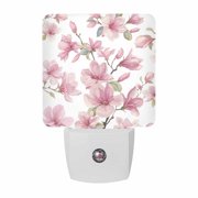 Pink Magnolia Flower Night Lights, Watercolor Pink Floral Leaf Smart Auto Dusk to Dawn Sensor Nightlights Plug-in Nightlight for Bedroom Bathroom Living Room Kitchen Hallway