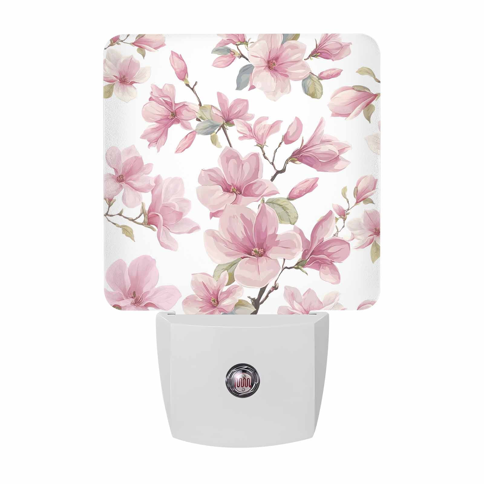 Pink Magnolia Flower Night Lights, Watercolor Pink Floral Leaf Smart Auto Dusk to Dawn Sensor Nightlights Plug-in Nightlight for Bedroom Bathroom Living Room Kitchen Hallway