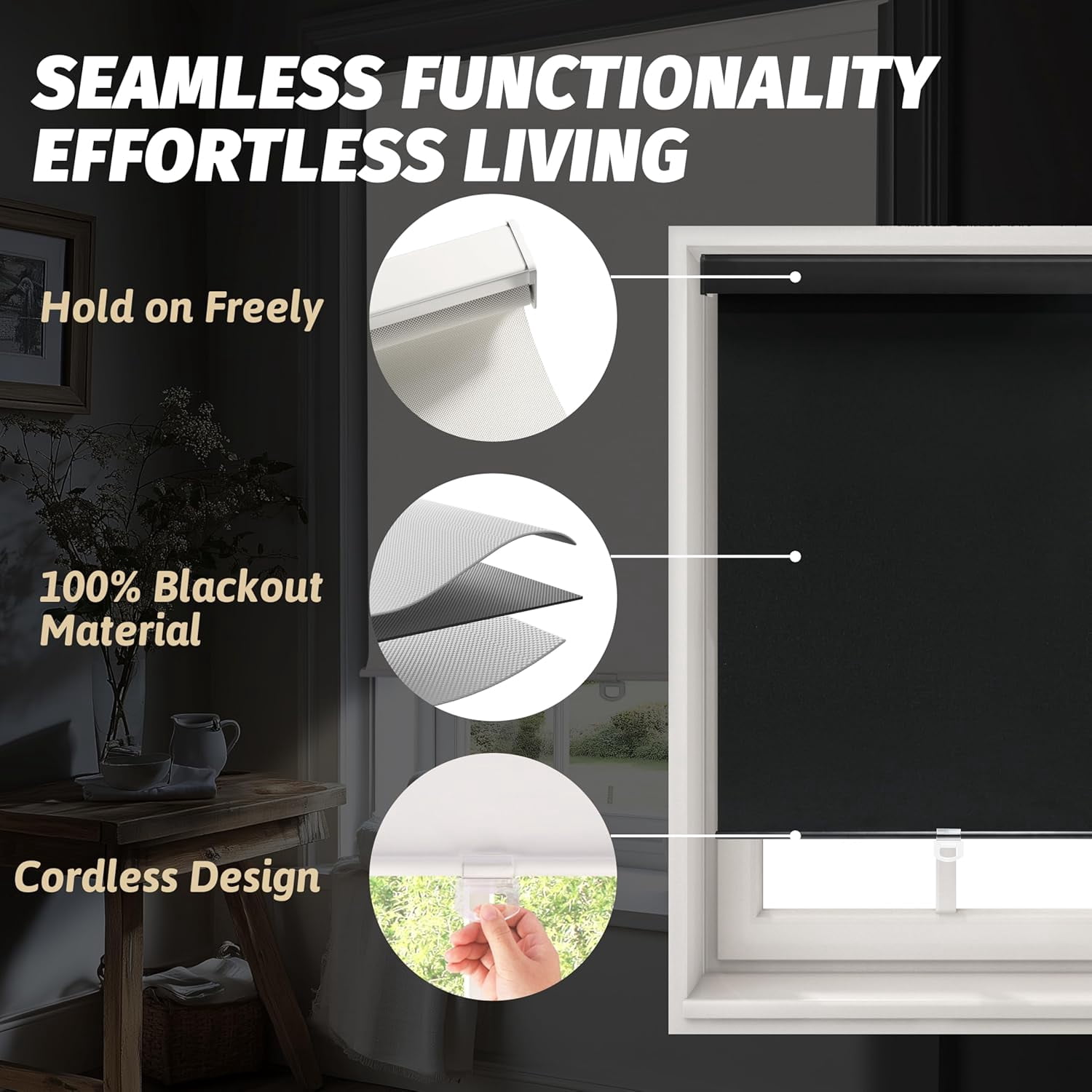 ShadeMart Cordless Blackout Roller Shades, Thermal Insulated & UV Blocking Fabric, Easy Pull-Down Window Blinds for Home & Office, Room Darkening & Energy Efficient(60" W x 72" H, Black)
