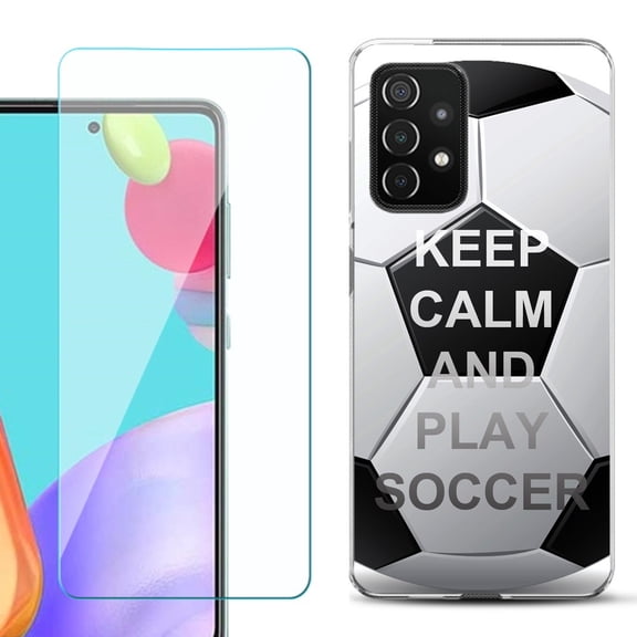 Slim-Fit Flexible Gel TPU Phone Case compatible with Samsung Galaxy A52 5G, with Tempered Glass Screen Protector, by OneToughShield ® - Keep Calm Soccer