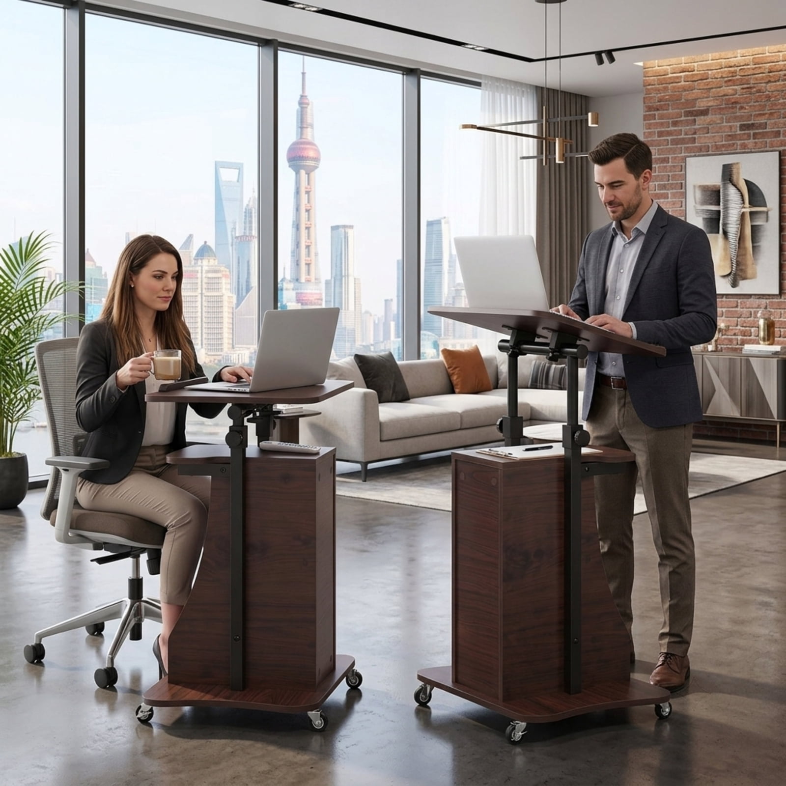 Furnibear Mobile Podium Stand Height Adjustable Laptop Cart with Tilting Tabletop Lockable Wheels and Storage Compartments for Office, Brown