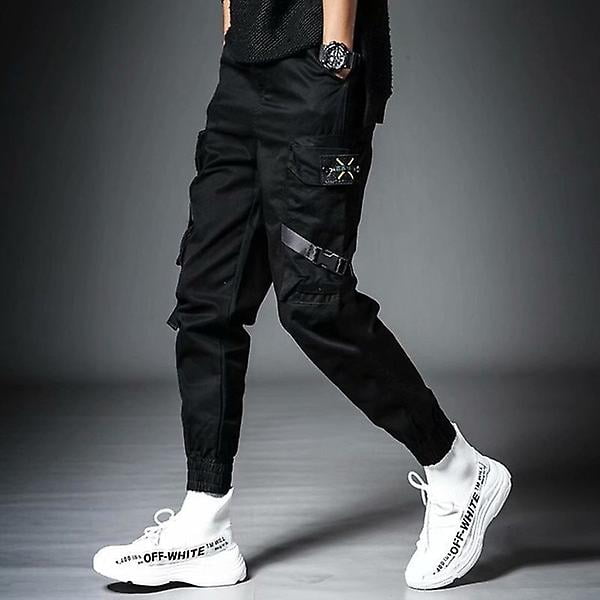 Hip Hop Streetwear Joggers Men Black Zipper Ribbons Harem Pants Cotton  Casual Slim Street Style Ankle Length Sweatpants-10-XXL 
