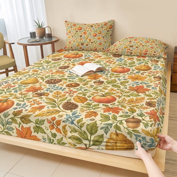 Twin XL Size Fitted Sheet Set - Fall Pumpkins 2 Piece Bedding Sets 16" Deep Pocket Fitted Sheet with 1 Pillowcases, Thanksgiving Autumn Maple Leaves Pine Fruits Brushed Microfiber Hotel Bed Sheets