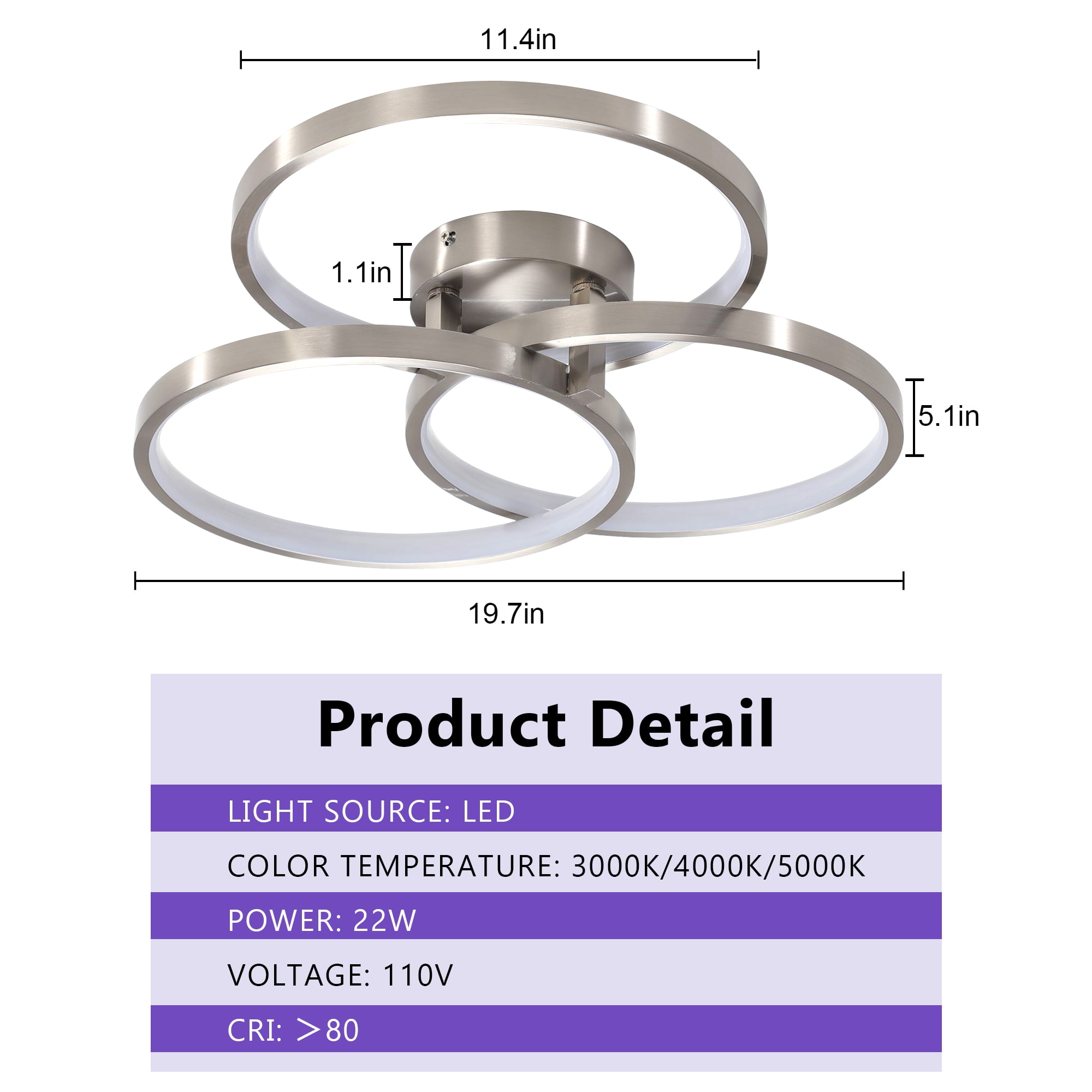 GCGAFUL 19.7"LED Flush Mount Ceiling Light, Modern Silver Close-to-Ceiling Light with 3CCT for Bedroom, Living Room, Hallway