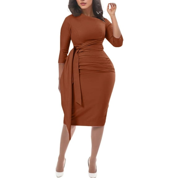 Sngxgn Dresses for Women Front Tie Cap Sleeves V Neck Midi Bodycon Dress(Brown,XXL)