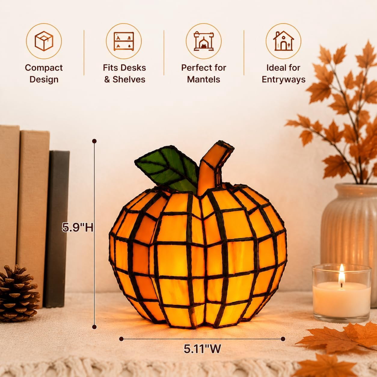 Stained Glass Pumpkin Lamp,Halloween Light with Warm Glow,Table Fall Decor