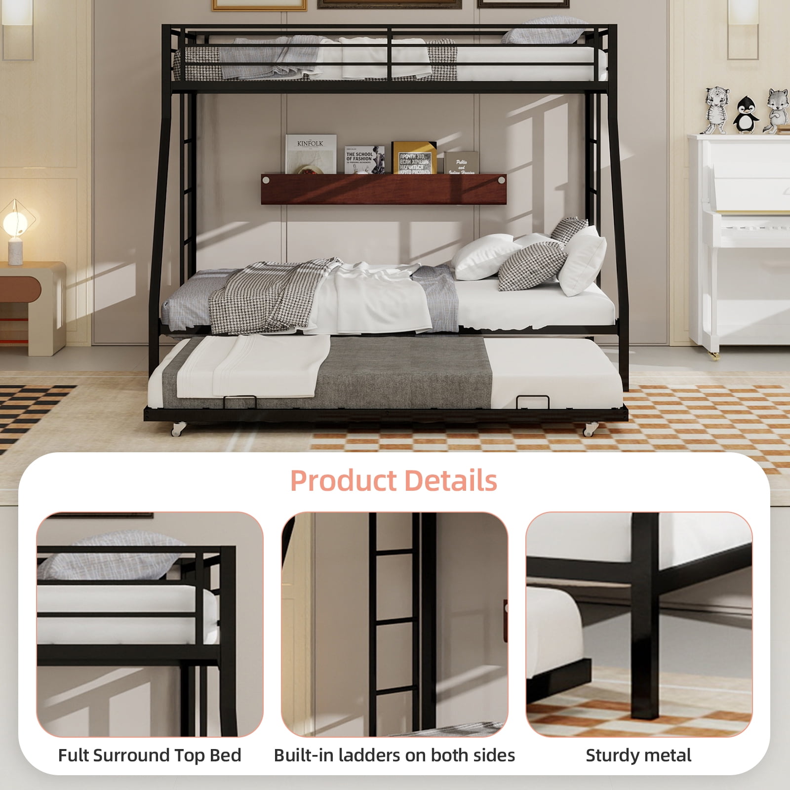 Miniyam Twin over Full Metal Bunk Bed with Trundle, Square Tube Frame, Space Saving Bunk Bed with Ladder, Black