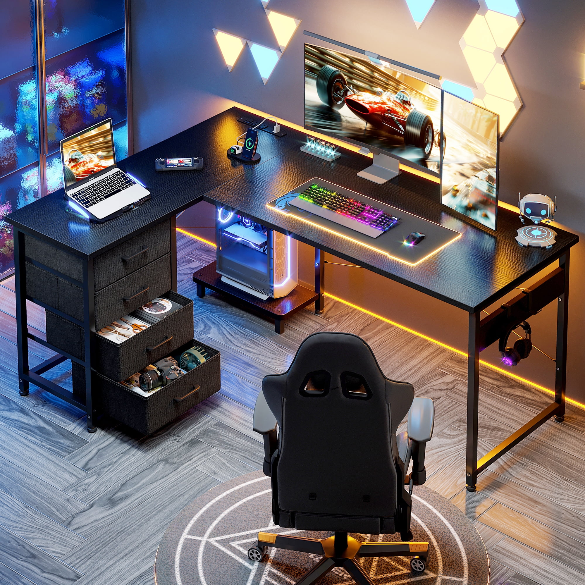 Casacomoda L Shaped Computer Desk with Charging Station, 53 inch PC Table Study Desk 4 Tier Drawers, Modern Simple Style Laptop Desk for Bedroom, Black