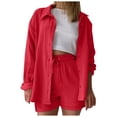 thumbnail image 1 of Conjunto de camiseta de manga larga y pantalones cortos para mujer: color liso, cintura alta con cordón, informal, 1 of 5