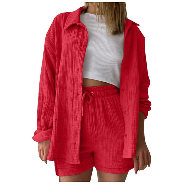 Conjunto de camiseta de manga larga y pantalones cortos para mujer: color liso, cintura alta con cordón, informal