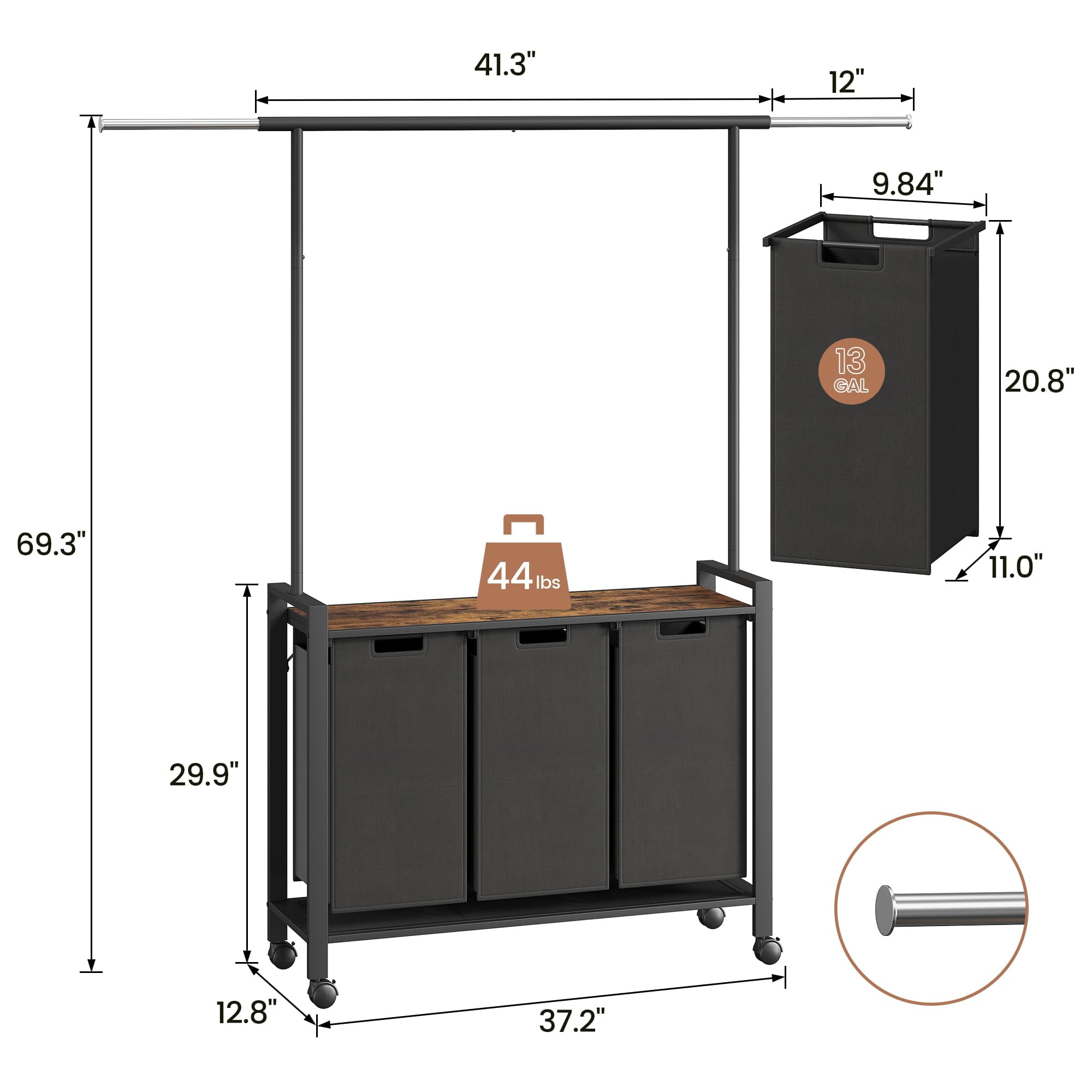 Laundry Sorter, Laundry Hamper 3 Section with Hanging Rack, Rolling Laundry Cart on Wheels, Pull-Out and Removable Laundry Basket with Shelf, Rustic Brown and Black