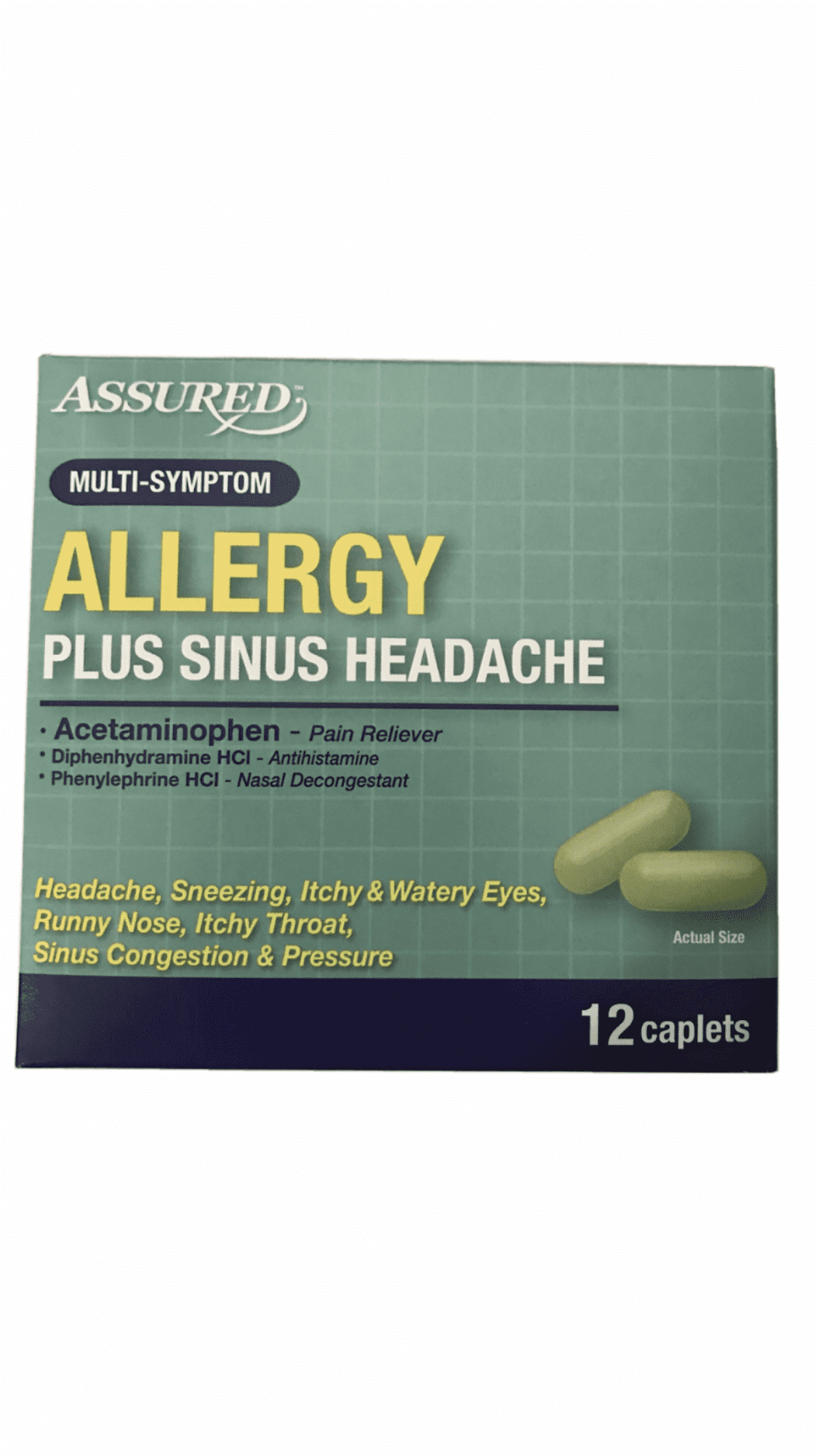 2 Assured Allergy Plus Sinus Headache Antihistamine Nasal Decongestant Diphenhydramine Hcl Phenylephrine Hcl And Acetaminophen 12 Caplets Each Walmart Com Walmart Com