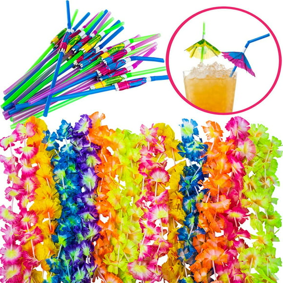 Hawaiian party favors for luau - 36 pc. - 12 lei necklaces and 24 umbrella straws