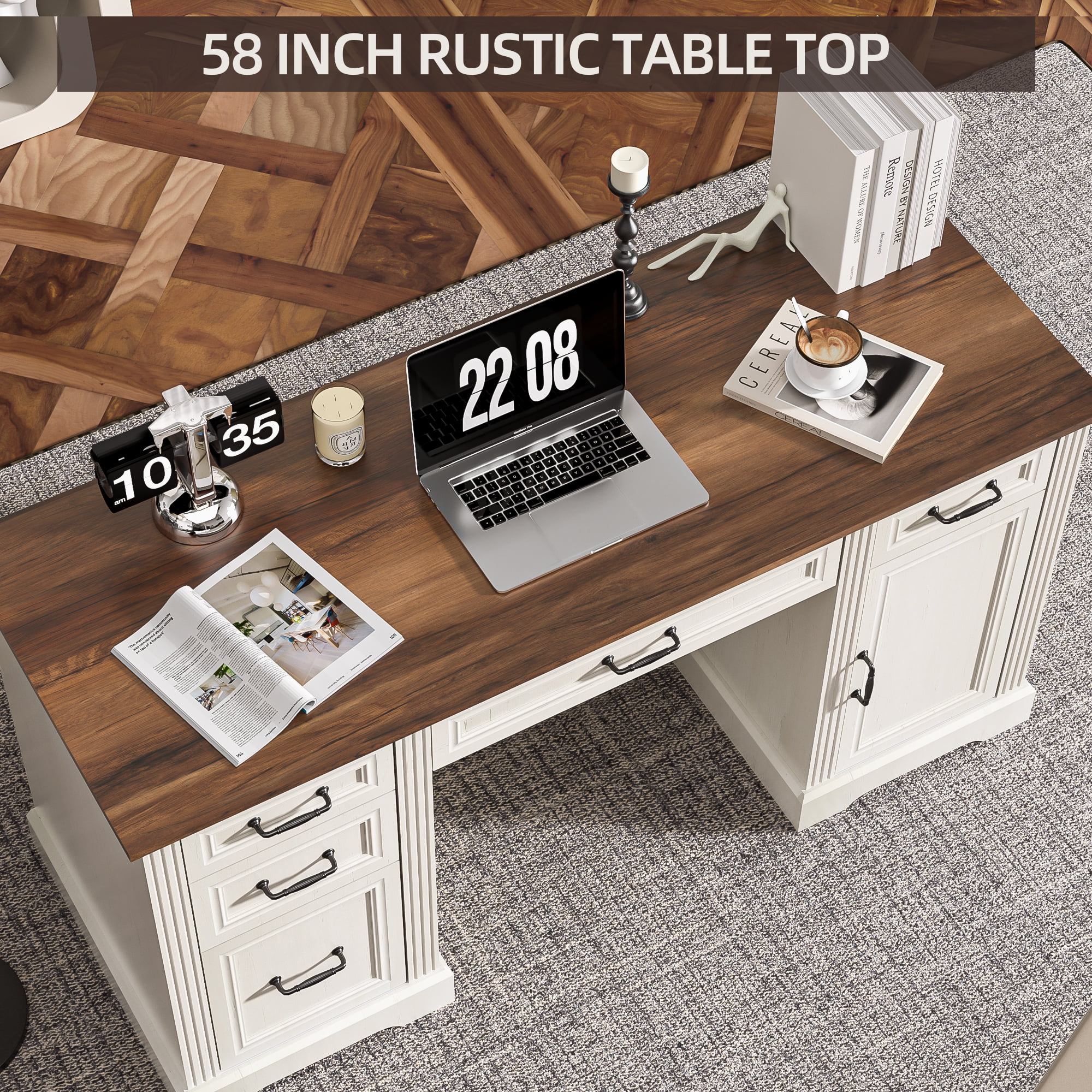 AHB 58-Inch Executive Desk, Farmhouse Computer Desk with Drawers and Storage Cabinet, Wooden Home Office Desk Workstation, Study Writing Desks, White & Brown