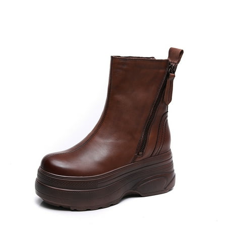 

Thick-soled Platform Boots Fleece Lining Full-grain Leather Fashionable Side Zipper Combat Boots Women‘s Footwear