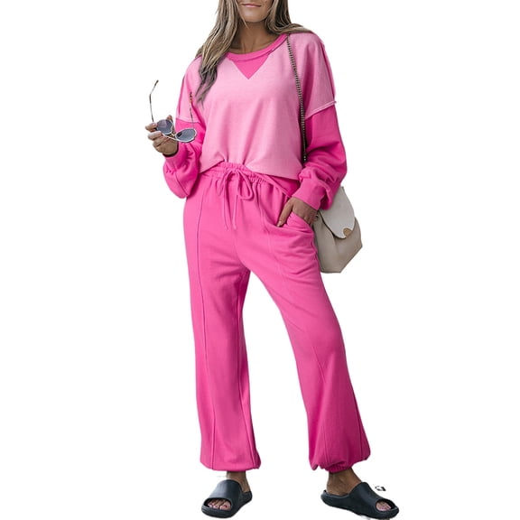 Women's Bonbon Contrast Patchwork Pullover and Drawstring Joggers Set