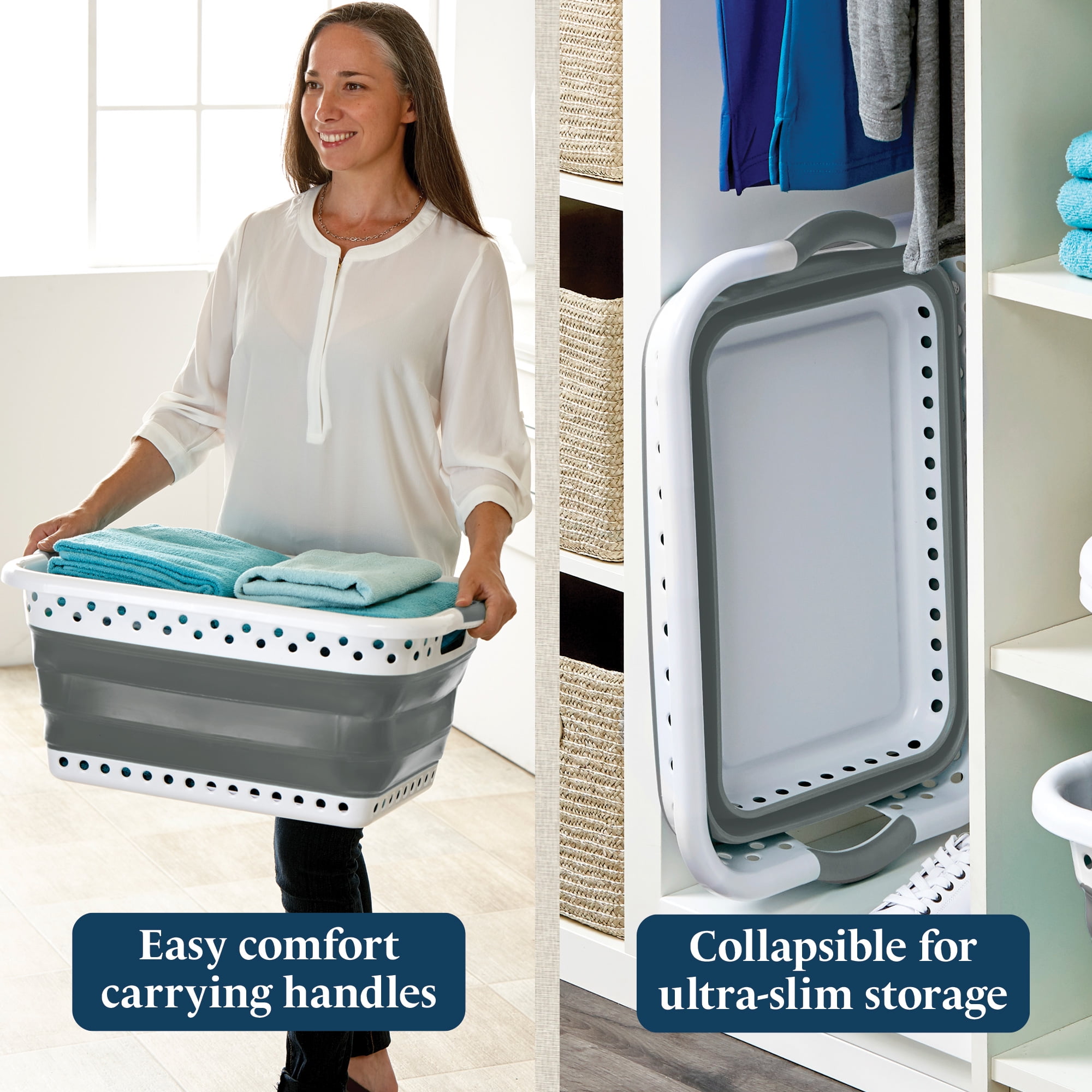 Blue Door Collapsible Laundry Basket Portable Pop Up Plastic Laundry Hamper with Dual Grip, 10.5-Gallon Gray