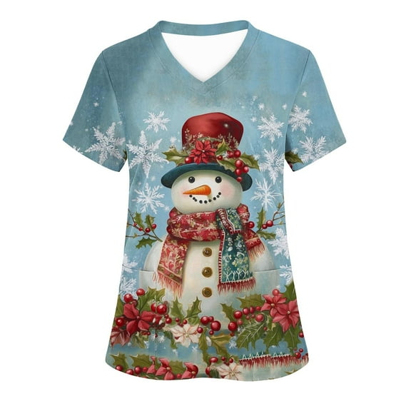 LSLJS Christmas Scrub Tops Women Plus Size V Neck T Shirts Casual Snowmen Printed Work Tops, Gifts for Women, S-5XL
