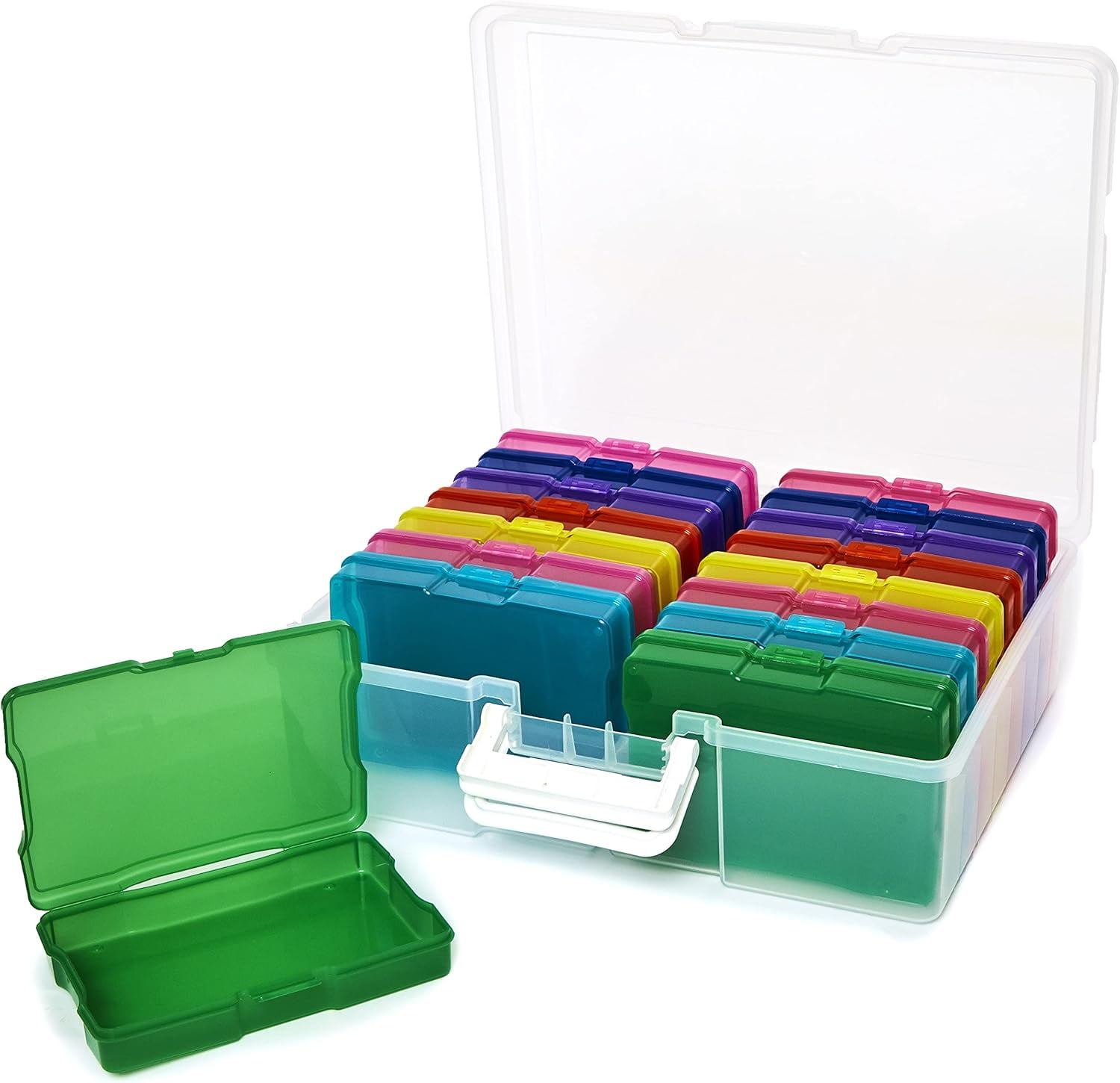 Transparent 4" x 6" Photo Cases and Clear Craft Keeper with Handle - 16 Inner Cases Plastic Storage Container Box (Multi-colored)