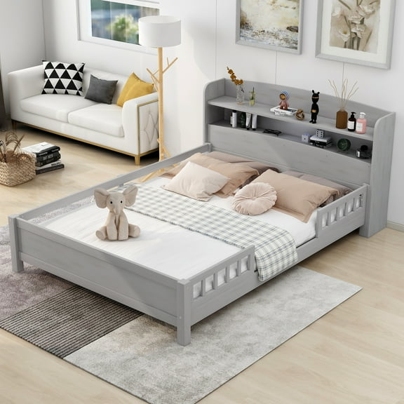 Euroco Wood Full Size Platform Bed with LED Light and Storage Headboard, Antique Grey