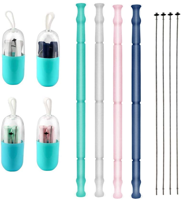 Collapsible Reusable Silicone Drinking Straws with Keychain Case Cleaning Brush 
