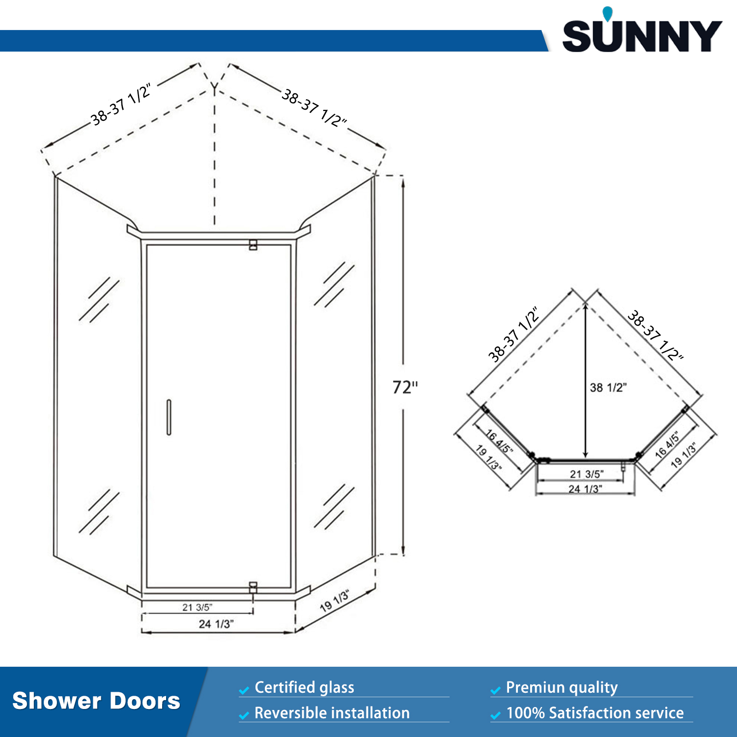 Sunny Shower Neo-angle Sliding Shower Enclosures 36 1/2" W x 36 1/2" D x 72" H Corner Frameless Shower Door Not Include Shower Base