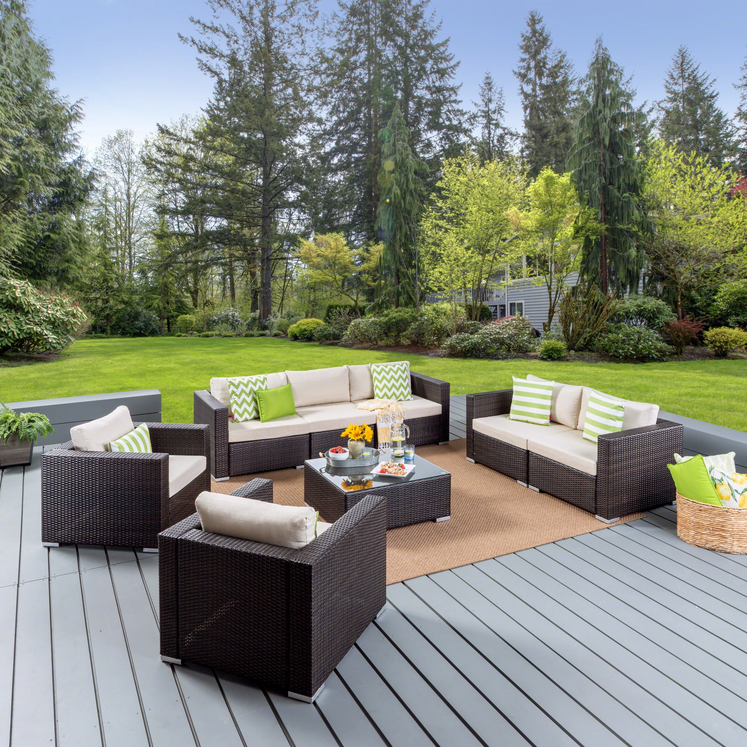 Outdoor 7 Seater Wicker Sofa Chat Set with Aluminum Frame and Cushions, Multibrown, Beige